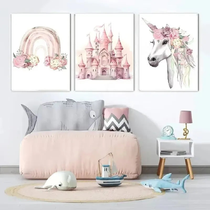Rainbow castle crown frameless canvas wall painting print, Nordic style, 30x40cm size option