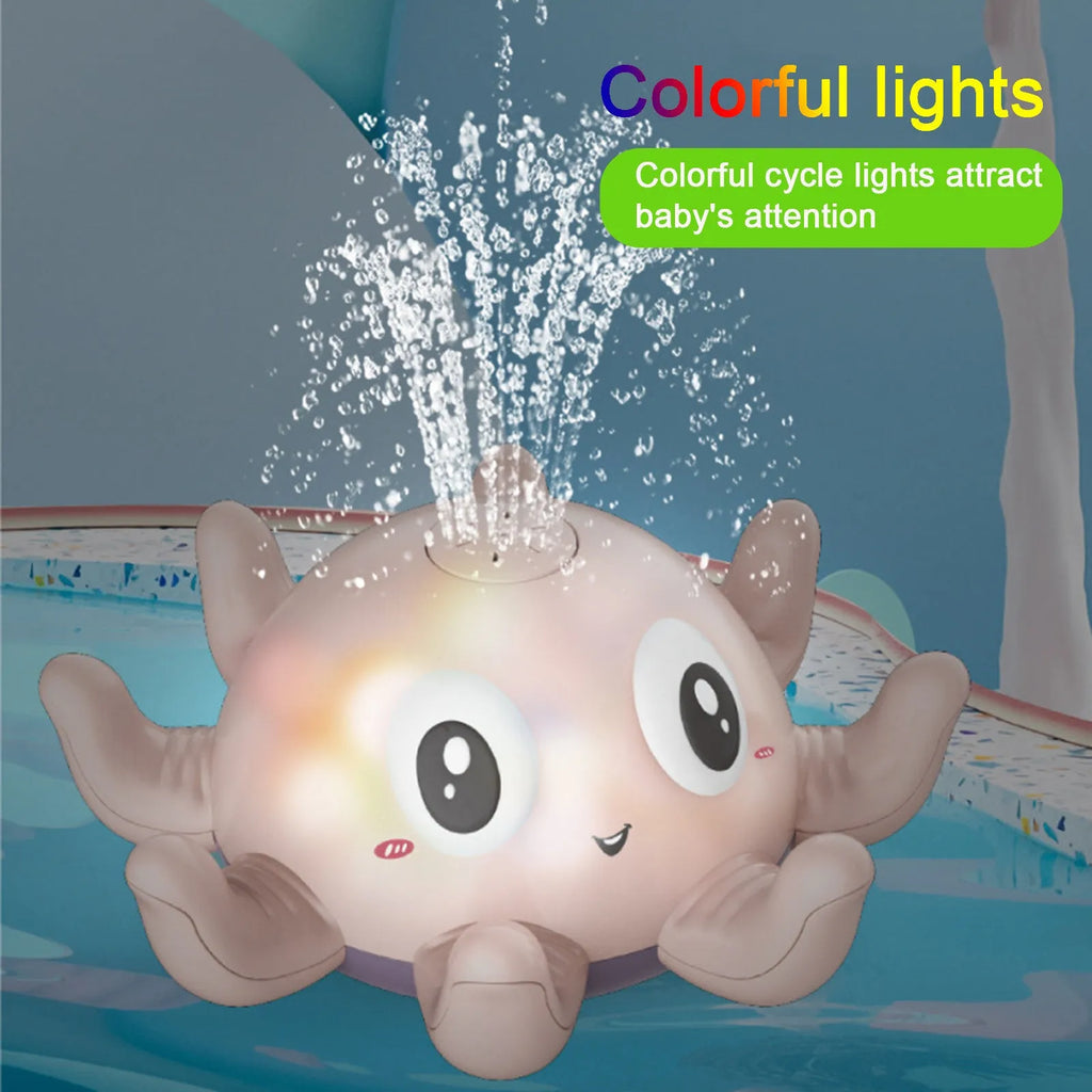Blue or pink octopus-shaped bath toy that sprays water and flashes lights automatically