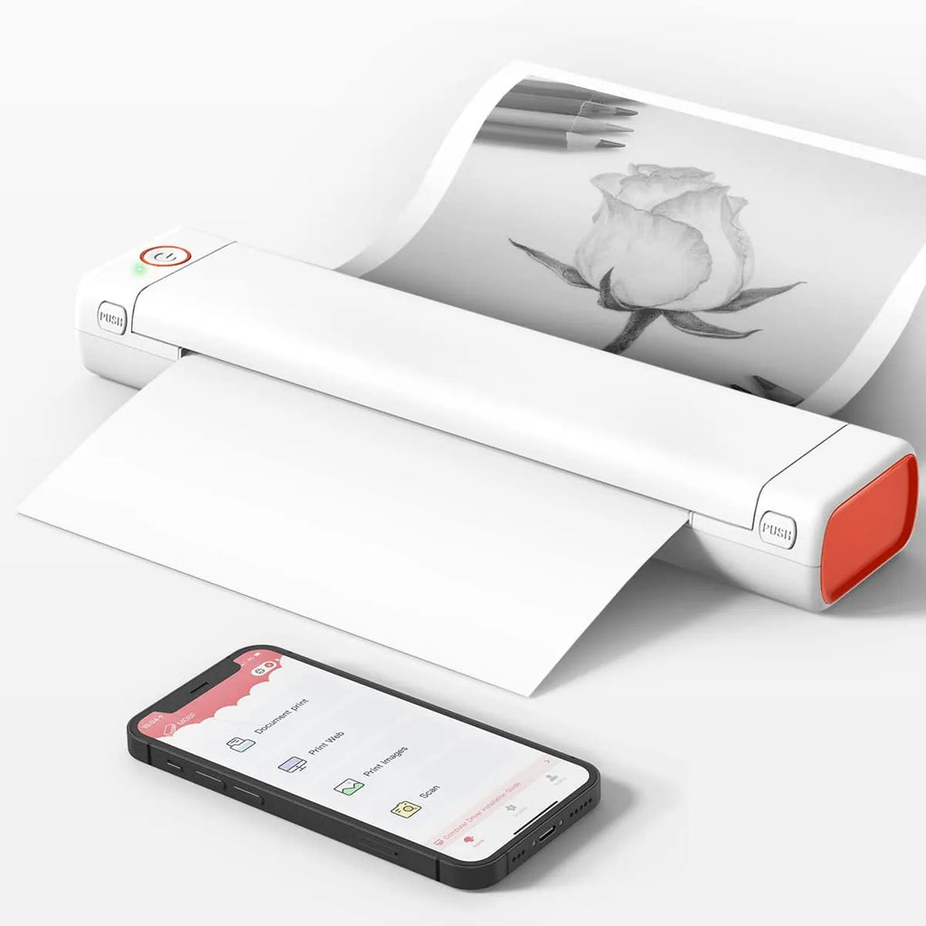 Phomemo M08F portable A4 thermal printer in various colours with charging cable