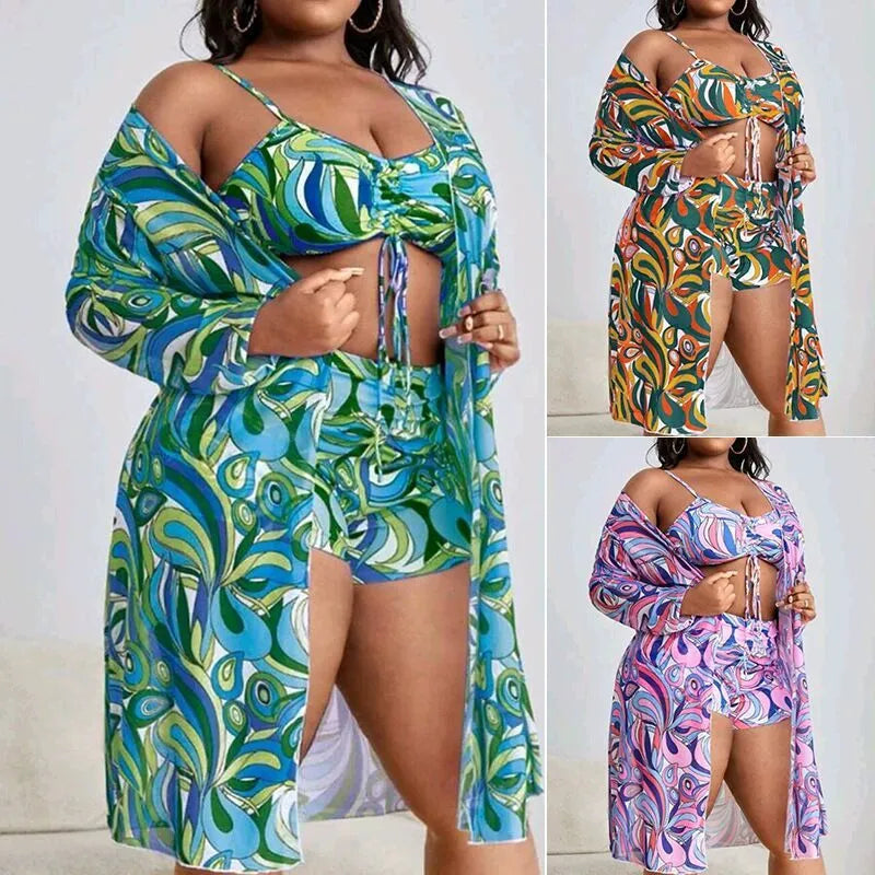 Women's floral print bikini three-piece set with cardigan cover-up in extended sizes