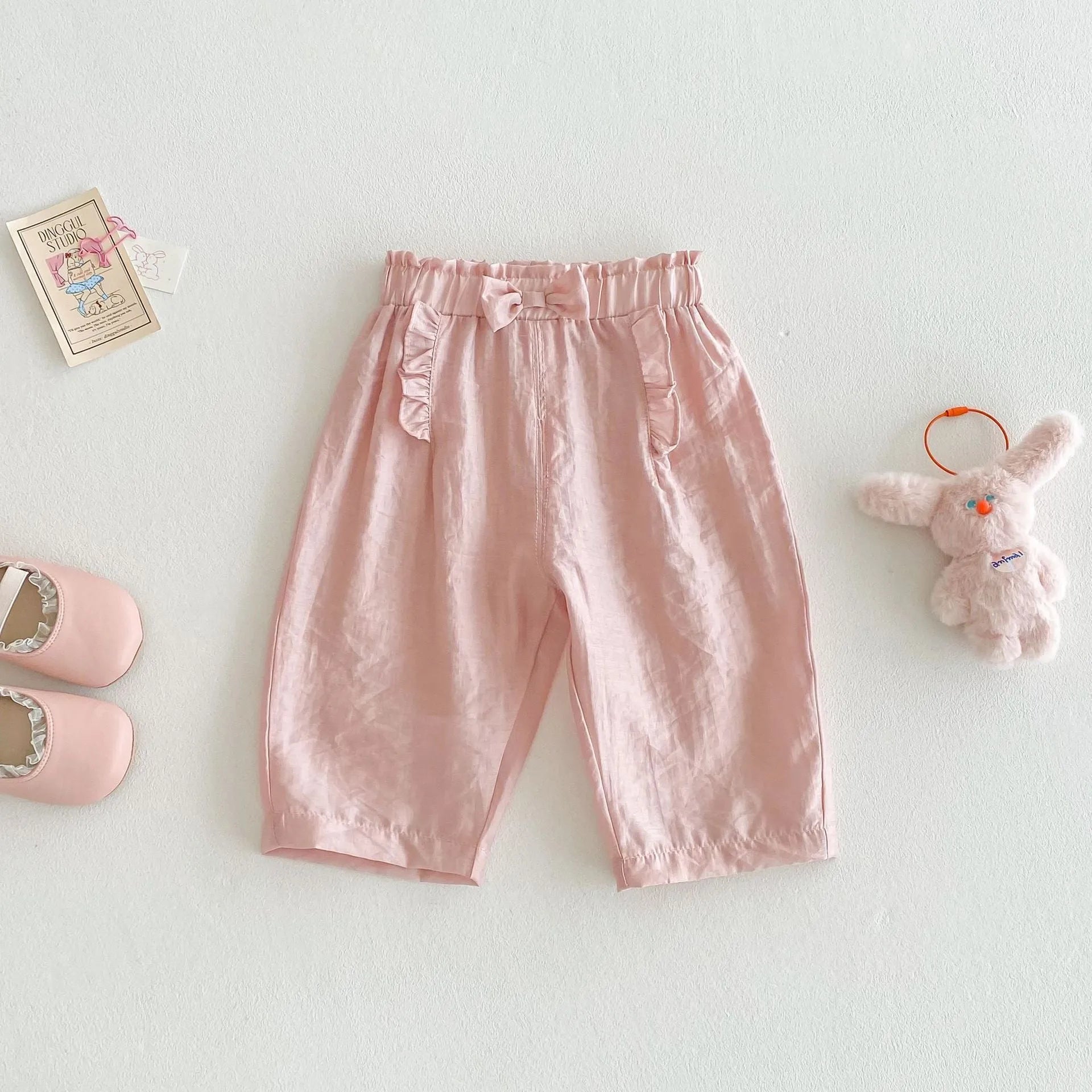 Girls' bow anti mosquito cotton trousers in cream beige, mid-waist casual style for height 100 cm