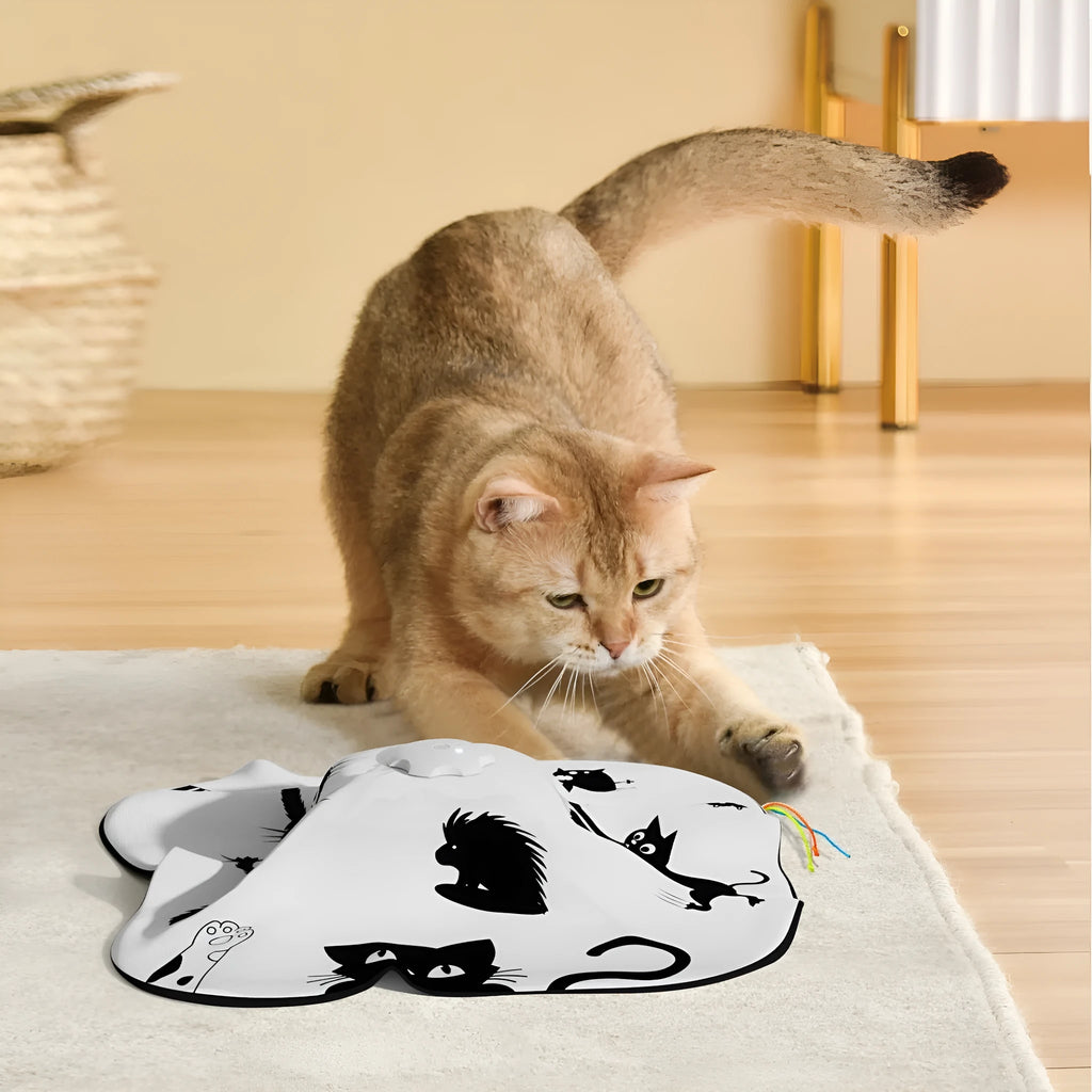 Plastic cat teaser toy with self-hi relief mechanism measuring 19.8cm by 11.5cm by 19.5cm