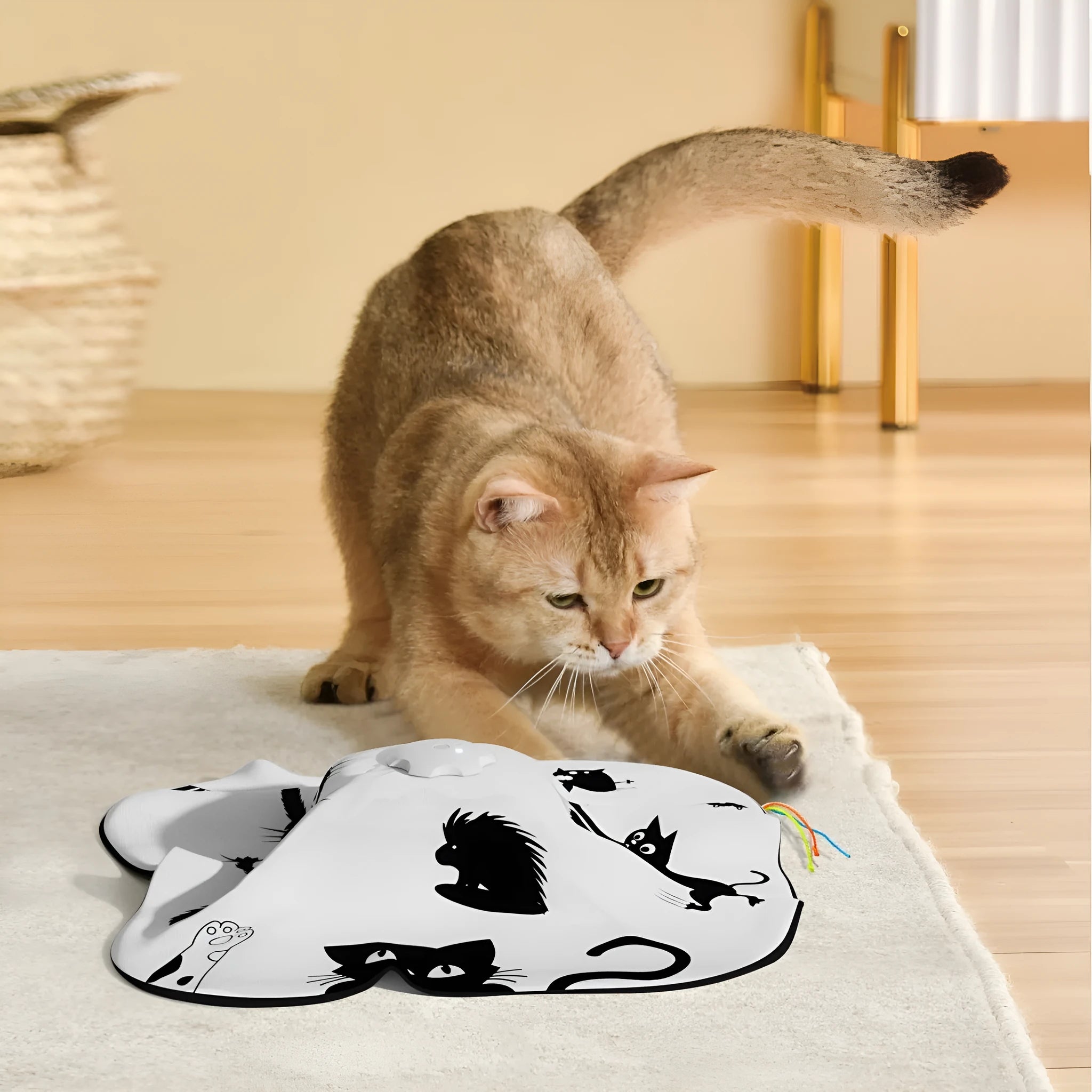 Plastic cat teaser toy with self-hi relief mechanism measuring 19.8cm by 11.5cm by 19.5cm
