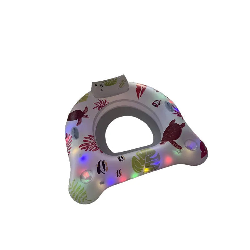 White luminous U-shaped inflatable float on water, showing its seat design and size.