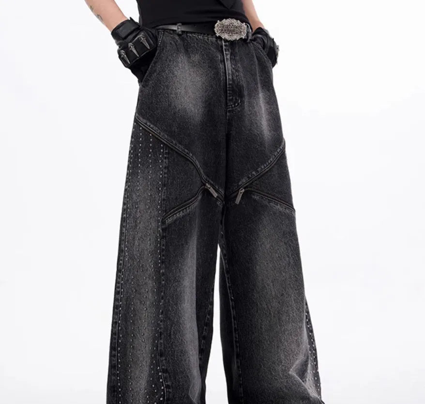 Korean style washed denim wide leg pants with matching waistcoat in black and grey colour