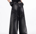 Korean style washed denim wide leg pants with matching waistcoat in black and grey colour