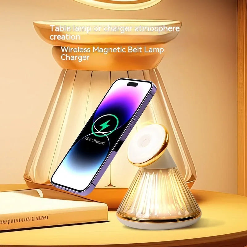Night table lamp with wireless charging pad showing champagne gold finish and adjustable brightness controls