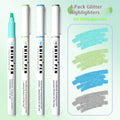 Four glitter fluorescent highlighter pens with slanted tips in six colour options including taro puff and peach nougat pastry