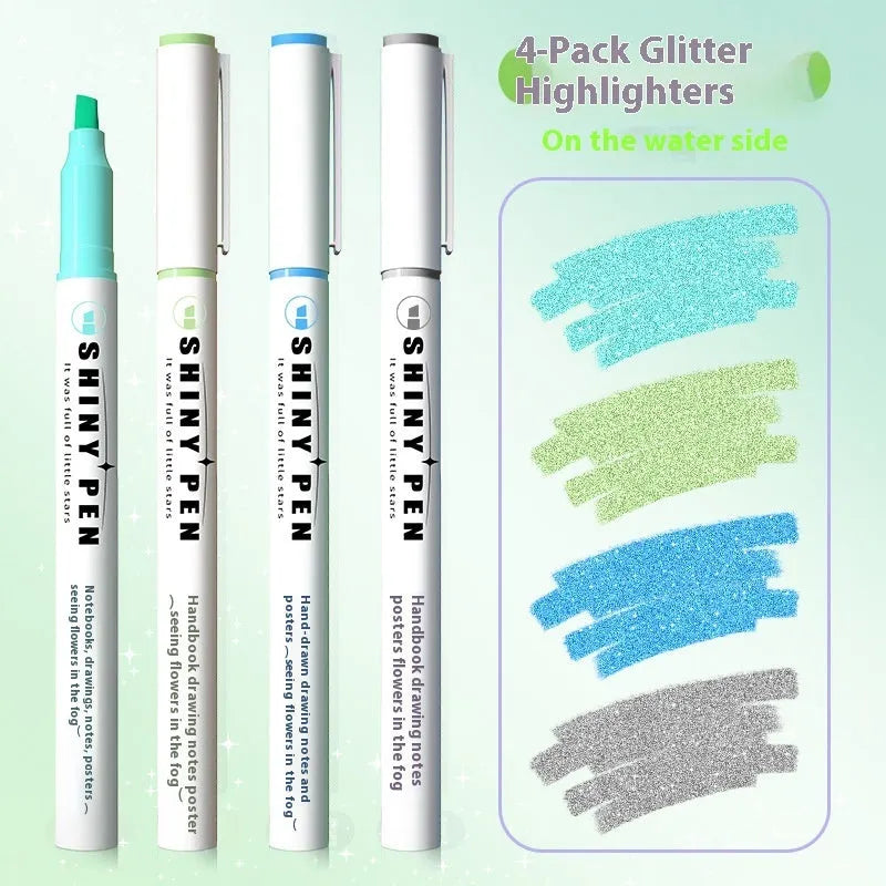 Four glitter fluorescent highlighter pens with slanted tips in six colour options including taro puff and peach nougat pastry