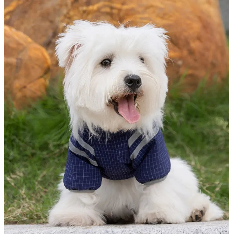 Khaki plaid and beige padded dog windbreaker with built-in leash ring and zipper pocket