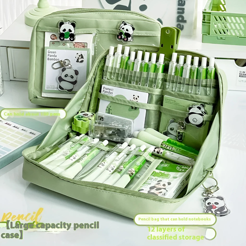 Green canvas 12 layer panda pencil case with large capacity for stationery organisation.