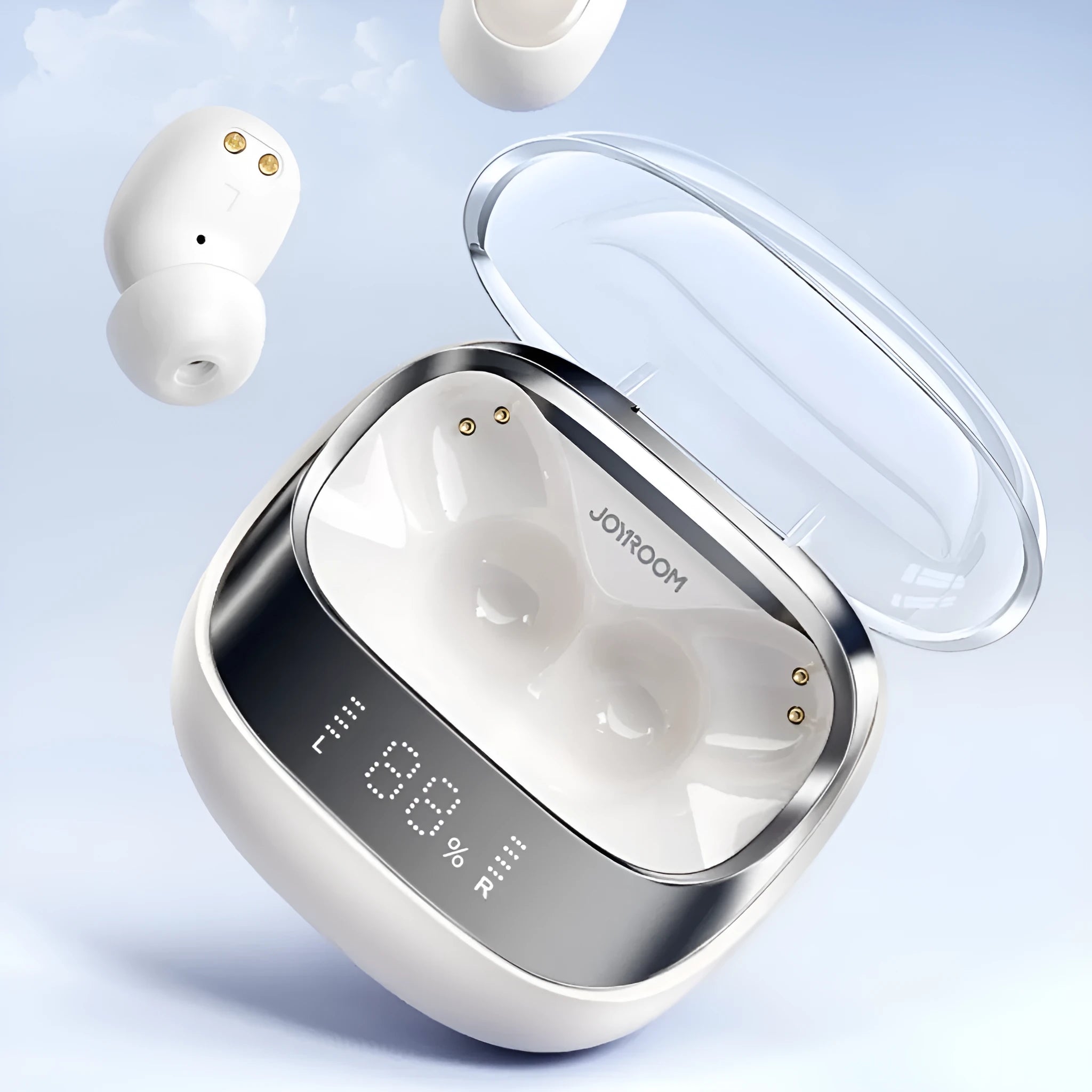 Dawn White and Starry Sky Black wireless Bluetooth in-ear headphones with a compact charging case.