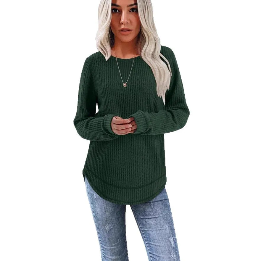 Waffle Loose Round Neck High and Low Curved Hem Top in Solid Colour Pullover with Plaid Pattern for Casual Commute Wear Available in Dark Khaki Gray Sea Blue Dark Purple Green Sizes S M L XL XXL