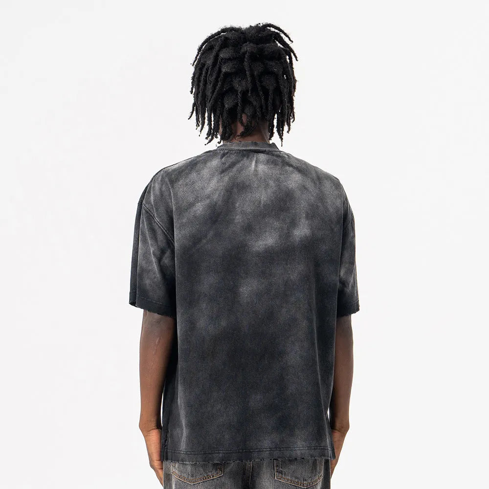 Men's black cotton t-shirt with printed letter patterns and drop-shoulder sleeves in loose street fashion style