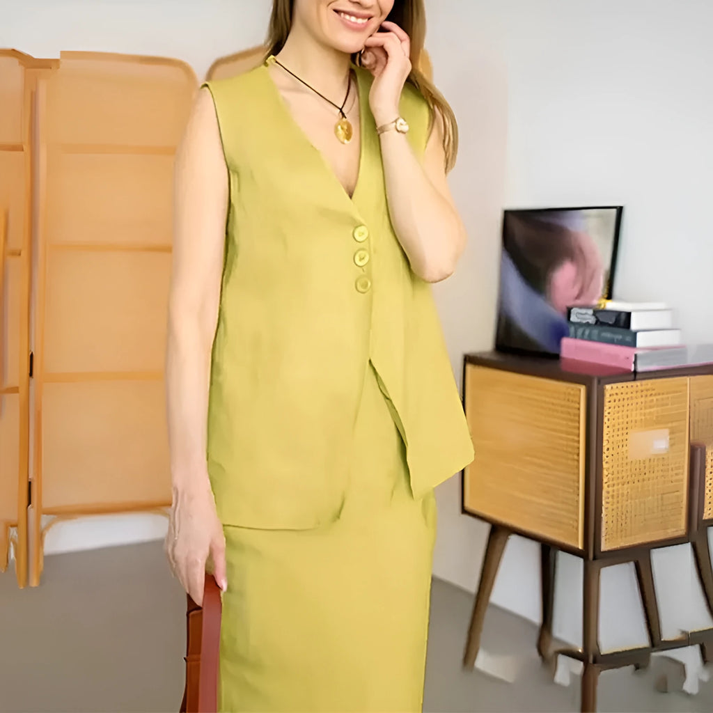 Women's blue sleeveless vest and long skirt two-piece casual co-ord set on a hanger.