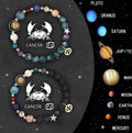 Set of two natural stone beaded bracelets with zodiac signs on a metal clasp.