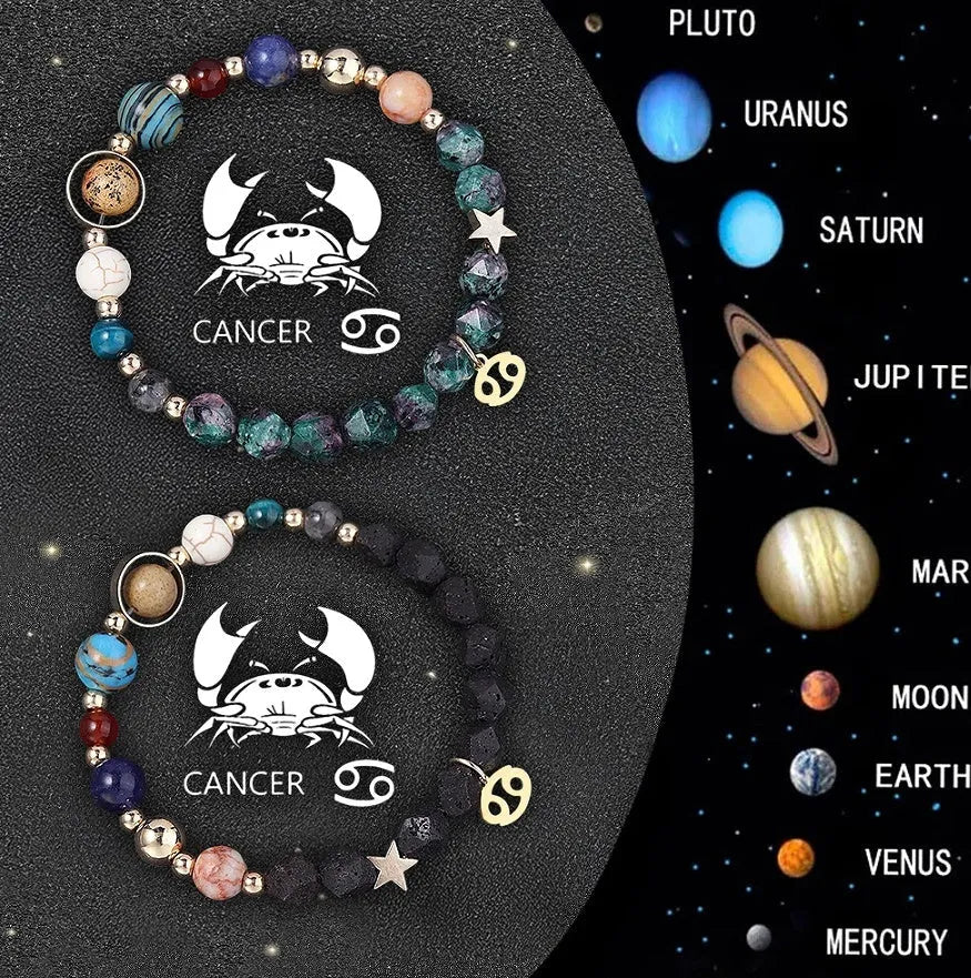 Set of two natural stone beaded bracelets with zodiac signs on a metal clasp.