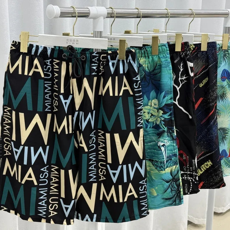 Men's striped floral printed ice silk beach trousers loose casual cut