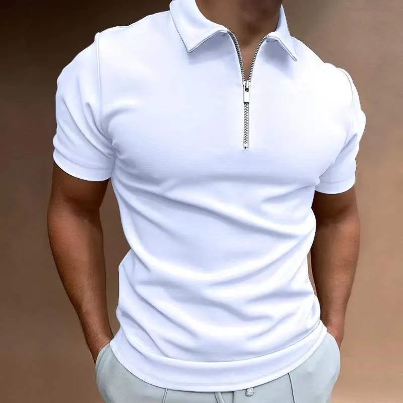 Man wearing a navy blue digital print polo shirt with short sleeves and a loose fit.