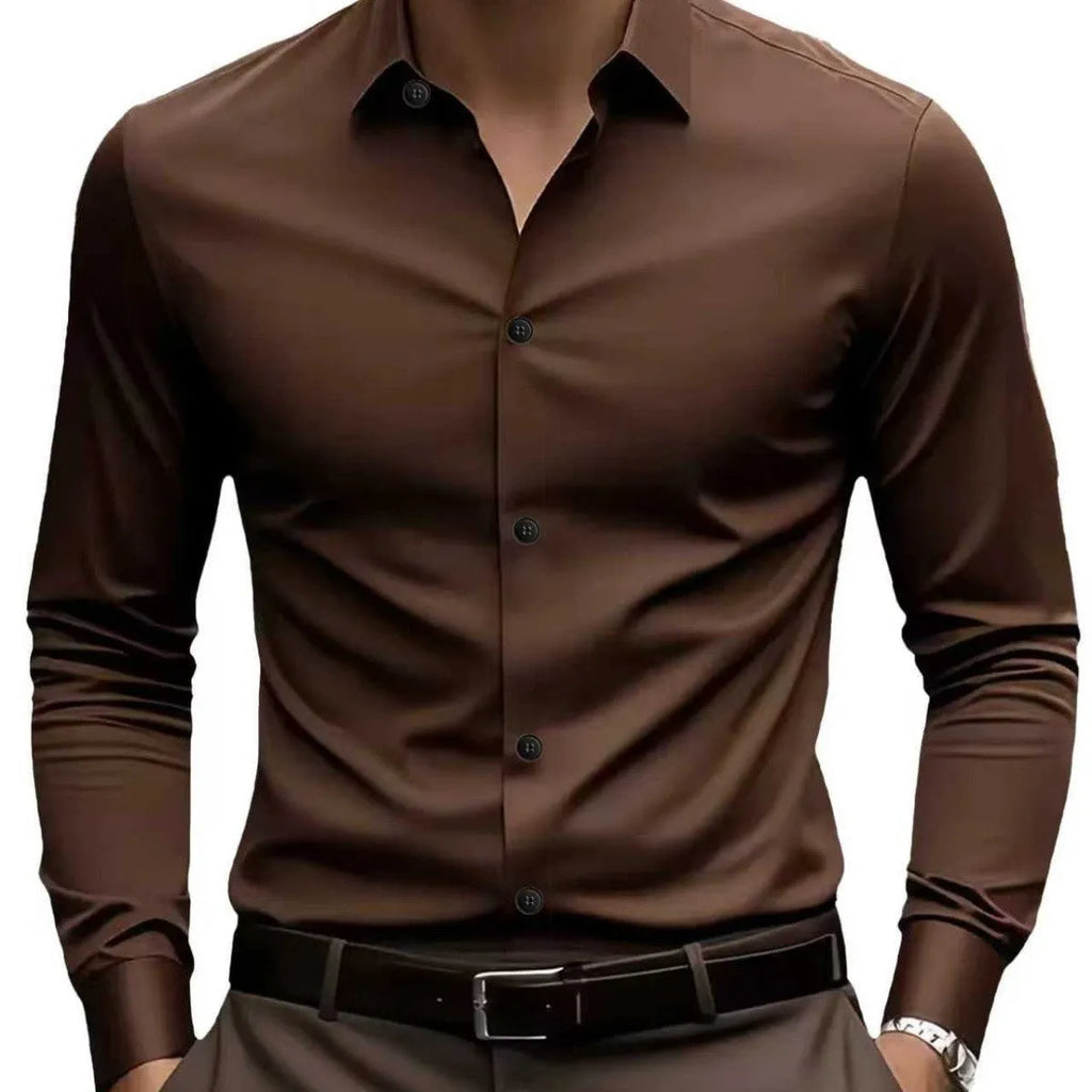 Men's coffee brown long sleeve cardigan inner wear shirt with four-sided elastic fabric shown flat