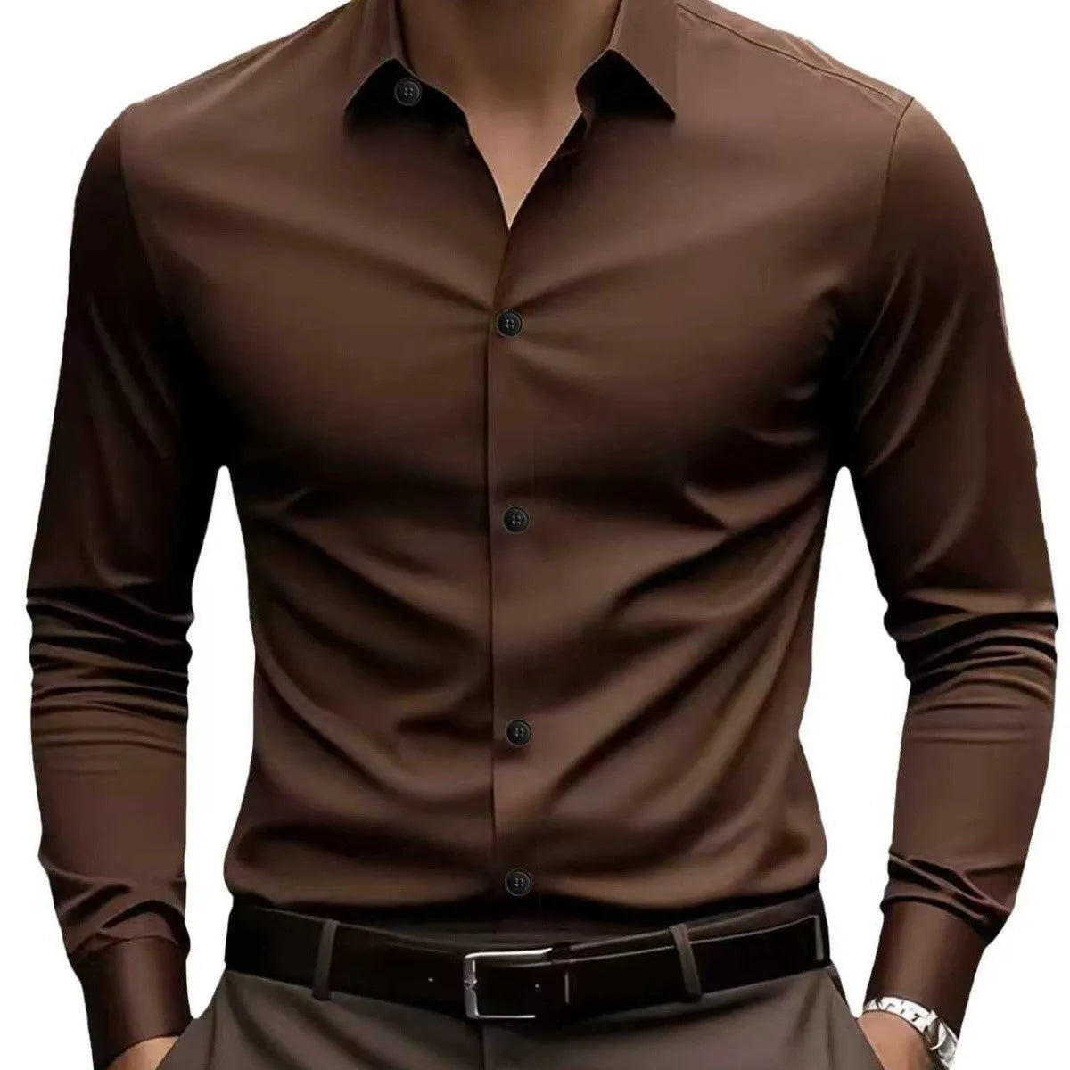 Men's coffee brown long sleeve cardigan inner wear shirt with four-sided elastic fabric shown flat