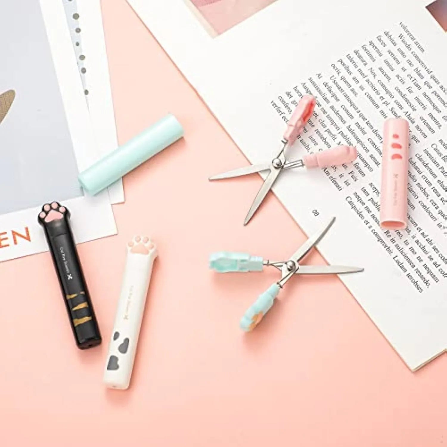 Cat paw mini folding scissors in four colours with stainless steel blades and decorative handles