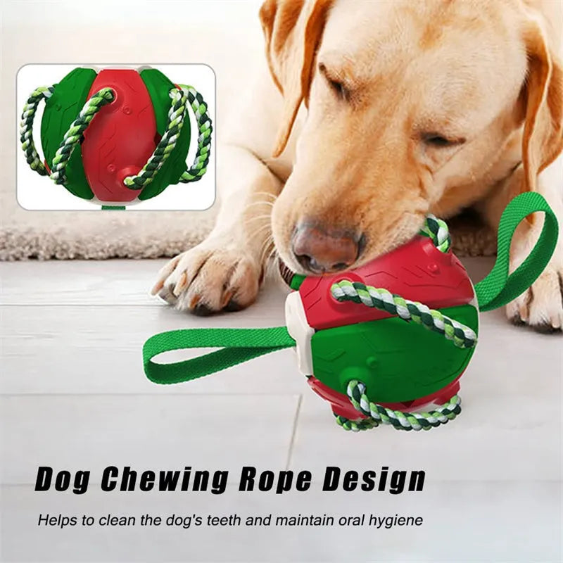 Interactive dog football soccer ball with tabs and cotton chew rope, 145.5mm sphere, flattening frisbee toy for outdoor training