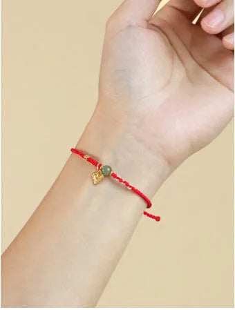 Handmade woven women's bracelet in 925 silver Hetian jade with red carrying strap