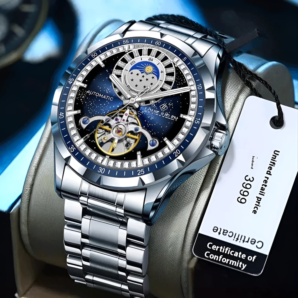 Silver and blue men's automatic mechanical watch with a stainless steel bracelet on a wrist