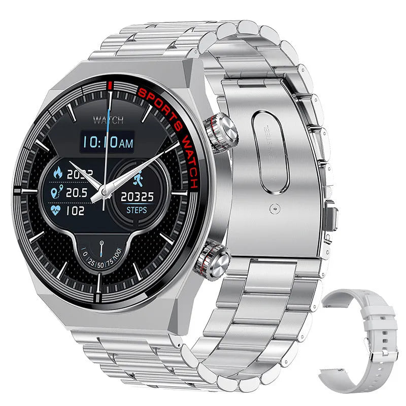 Black rotary key Bluetooth smart watch with brown genuine leather strap on a wrist.