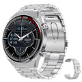Black rotary key Bluetooth smart watch with brown genuine leather strap on a wrist.