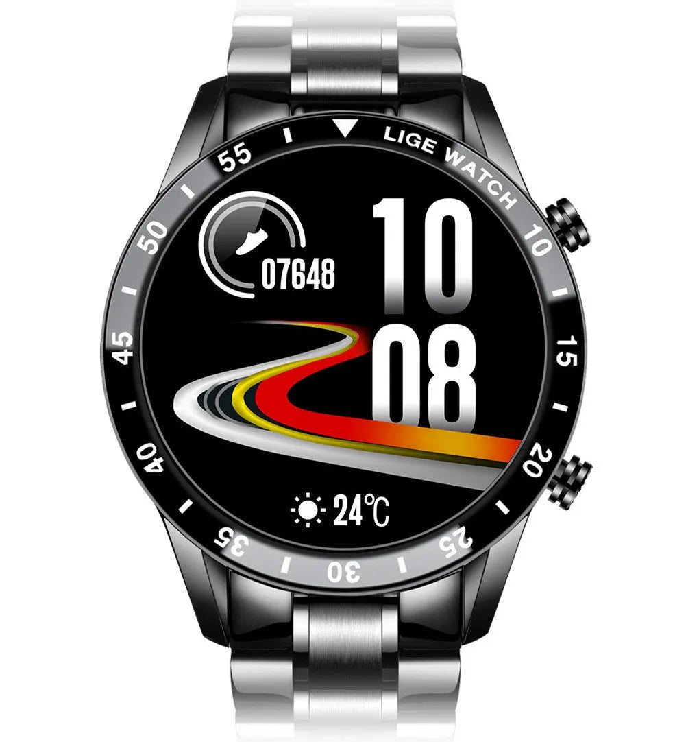 Smart watch with stainless steel band showing 1.3 inch touch screen displaying step count