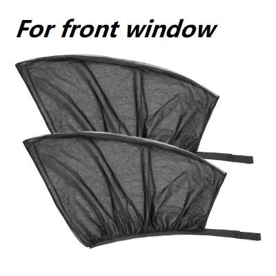Car side window mesh sunshade showing non-woven fabric screen with elastic edge installation on vehicle window