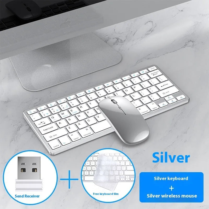Rechargeable black ultra-thin wireless keyboard and mouse set with USB receiver and protective cover on a desk.