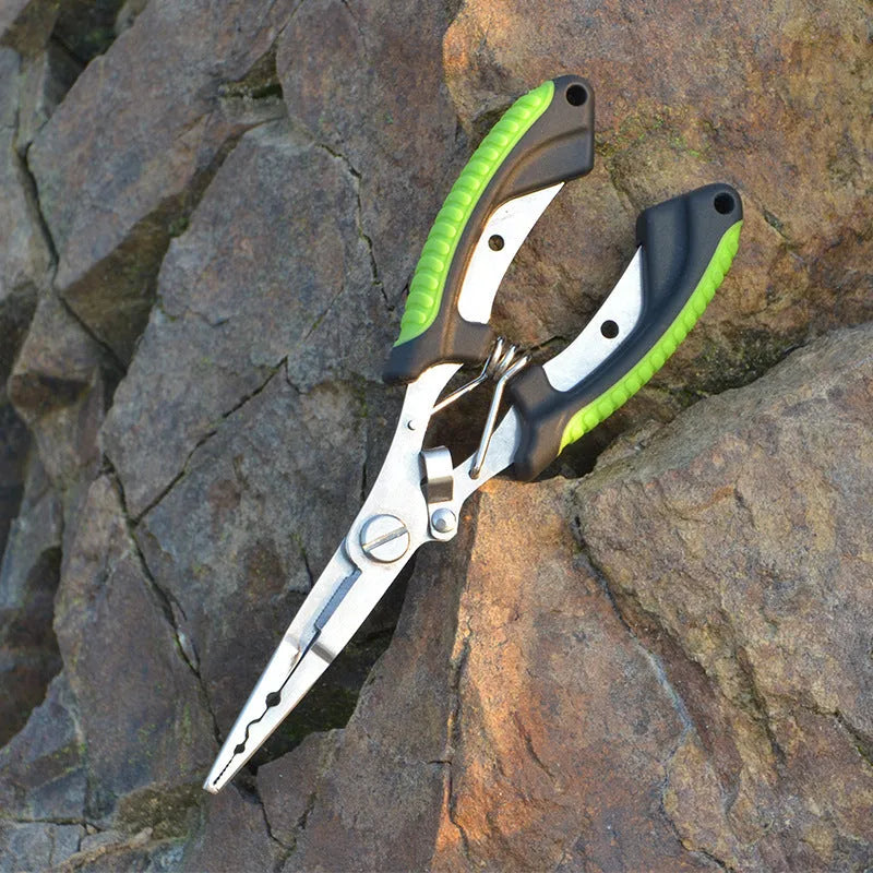 PE39 medium straight mouth fishing pliers with hook, showing SS420 steel construction and coloured ABS plastic handle.