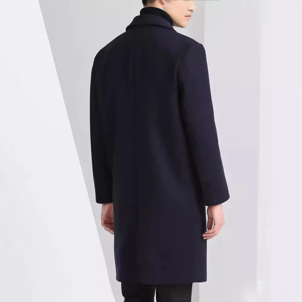 Men's slim-fit Korean-style mid-length wool coat in solid colour with side seam pockets, straight hem, black option