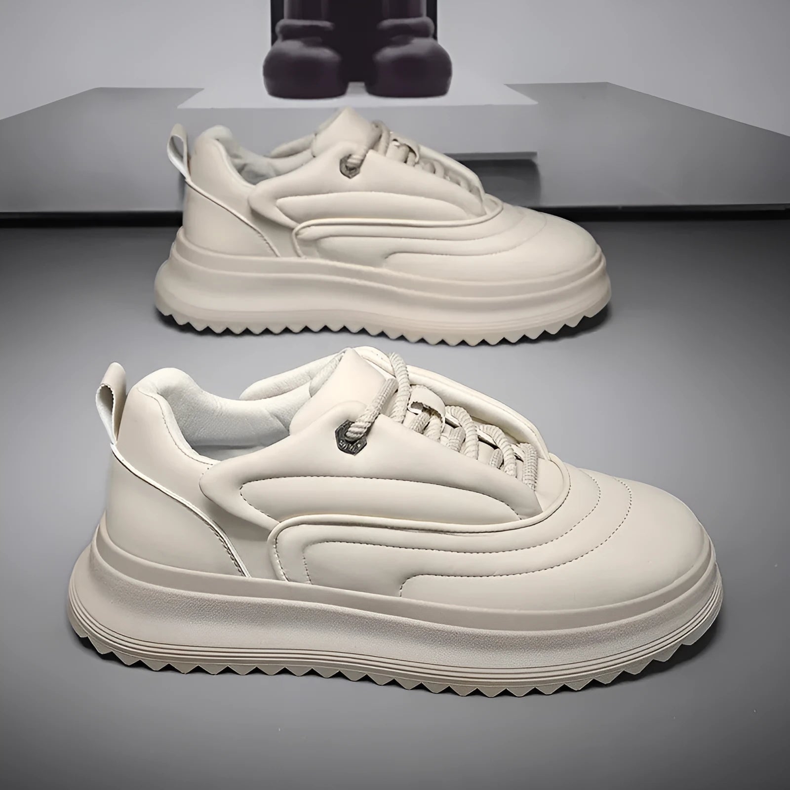 PU leather casual platform shoes in black, white or khaki with a thick sole and cowhide upper.