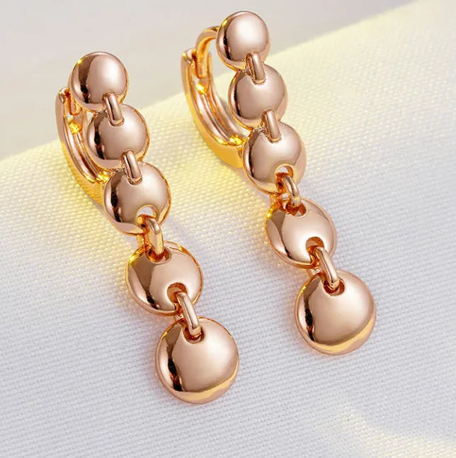 Retro gold long circle earrings with woven copper design