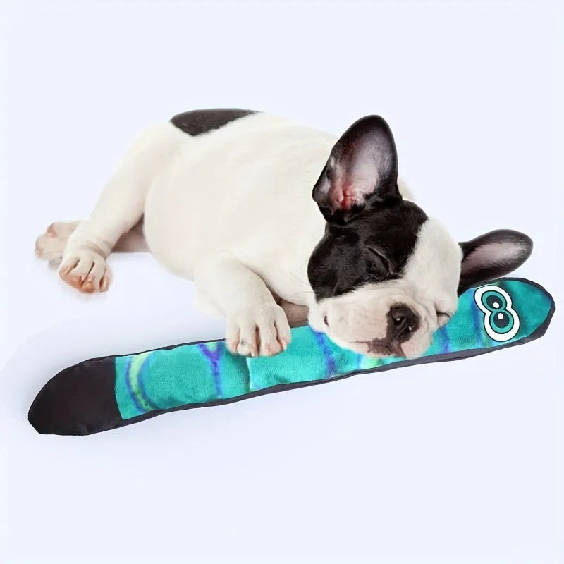 Snake-shaped dog squeaky toy with printed stripe pattern in blue and green plush