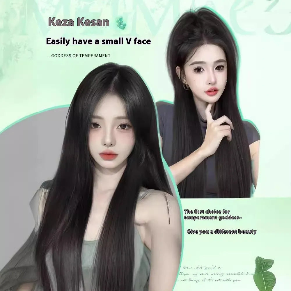 Female full-head wig with seamless forehead lace and fluffy high-temperature fibre hair in brown black colour