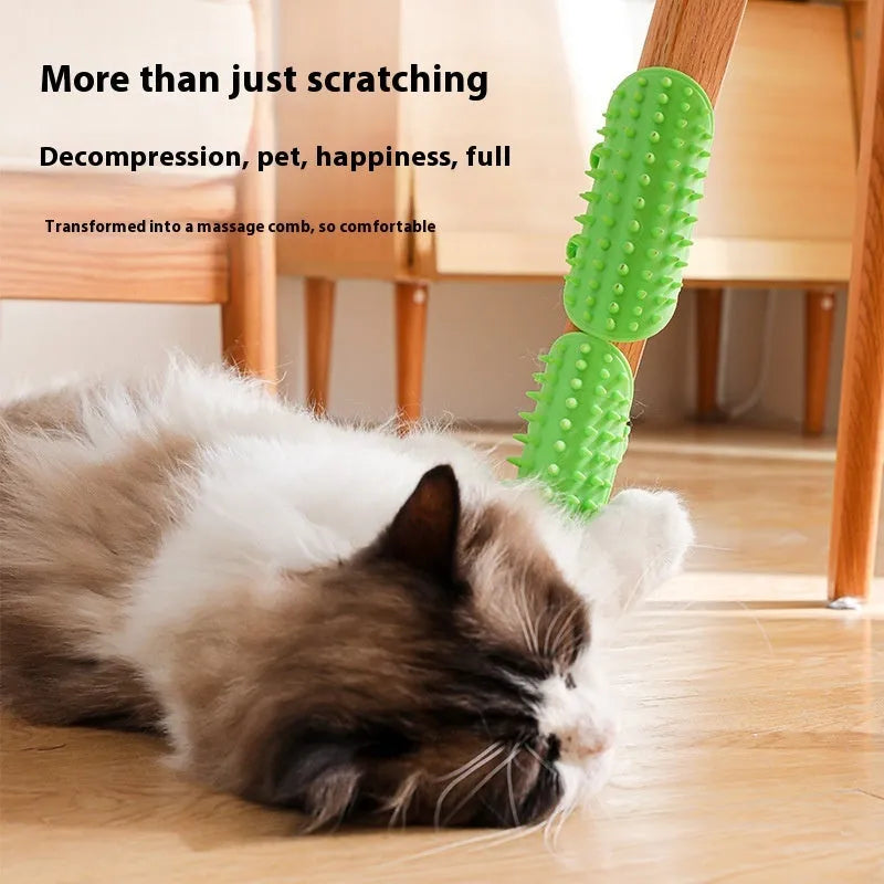 Adjustable silicone cat scratching comb mounted on a table leg in green colour.