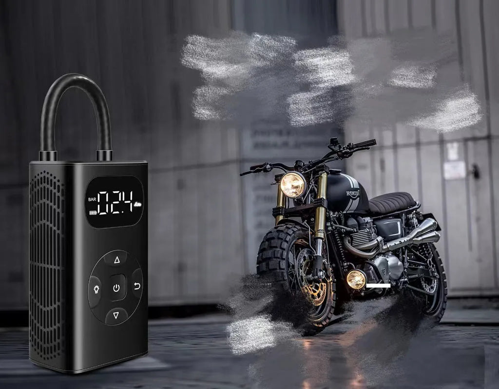 Black aluminium portable air compressor power bank for car and motorcycle tyre inflation.