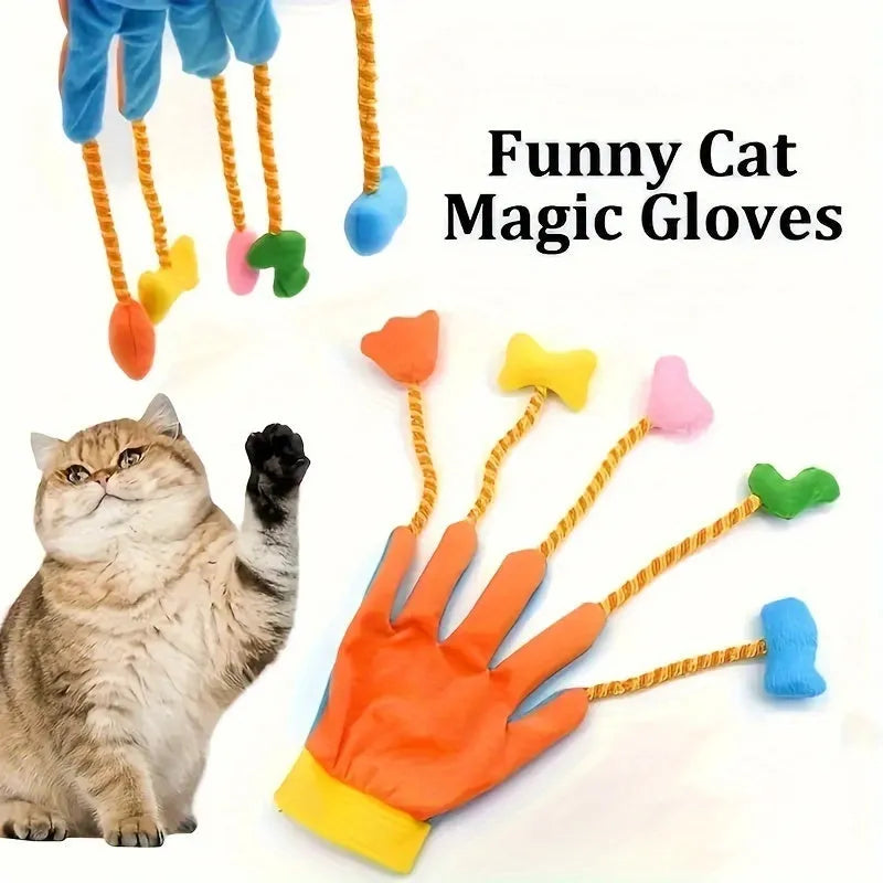 Yellow and blue plush magic glove pet toy with bell for cats, shown at 40 cm length.