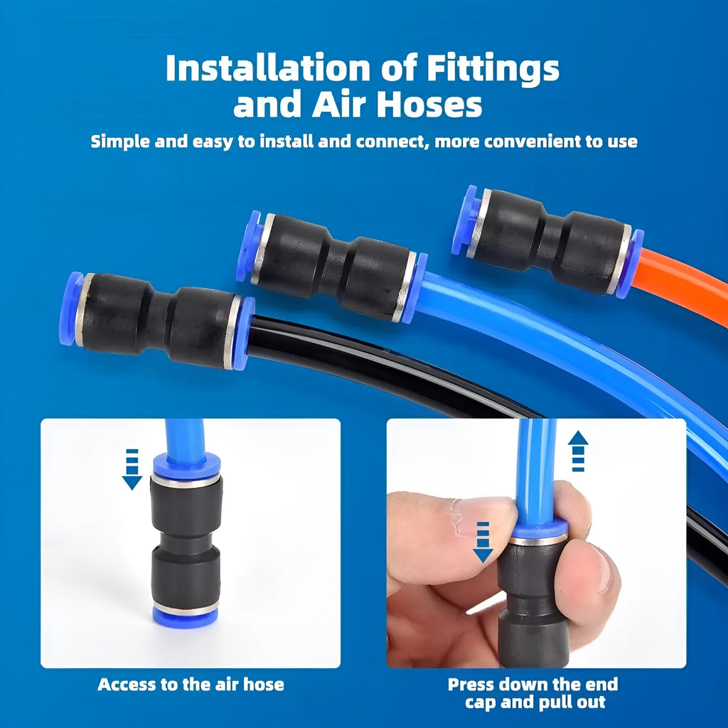 60 piece pneumatic push-in connector set showing R1/4 and R1/2 alloy plastic fittings