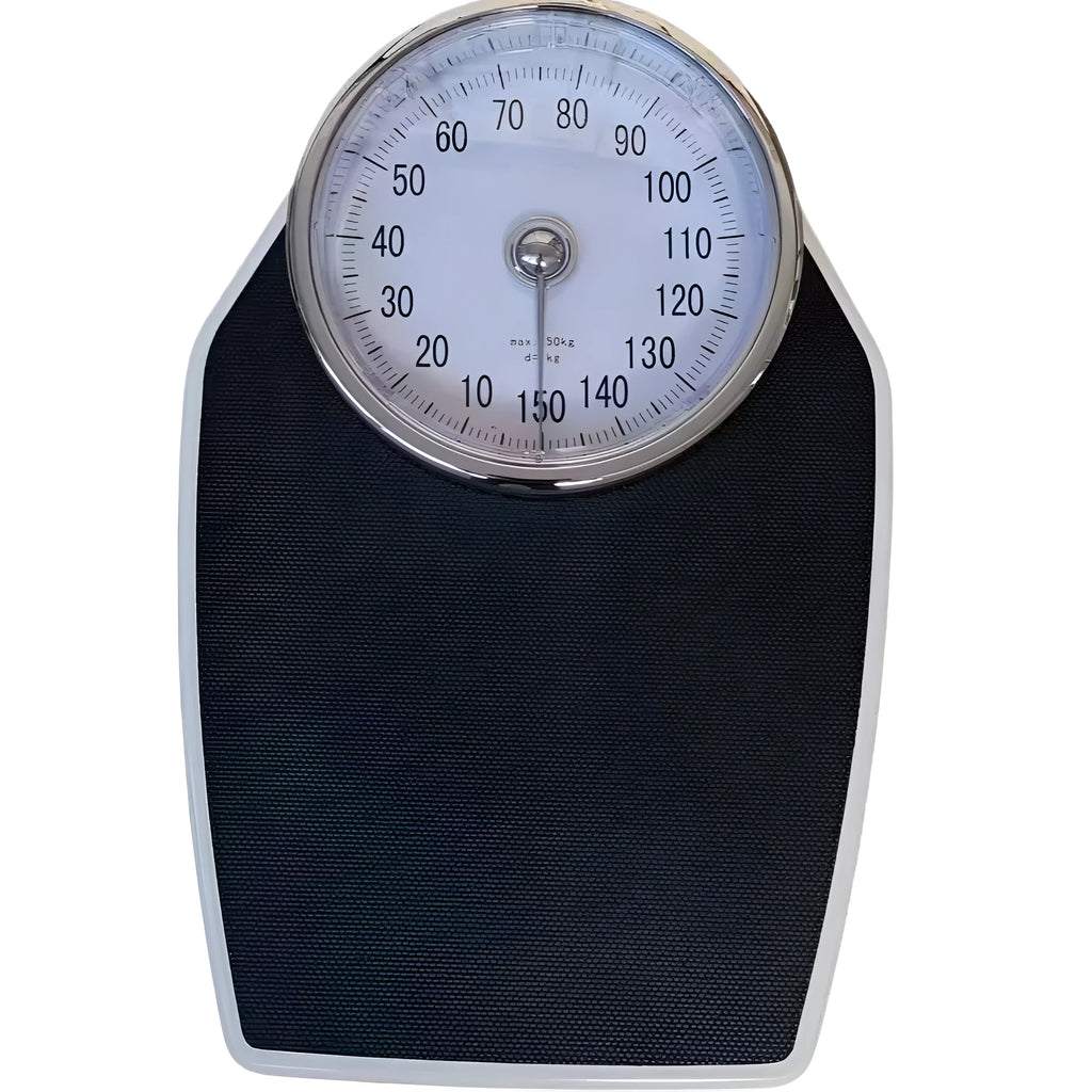 Black mechanical body weight scale with large analogue dial showing pointer display.