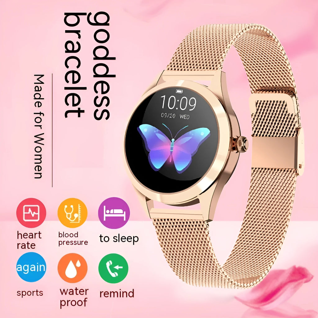Women's fashion smartwatch with heart rate monitor on wrist in black colour option