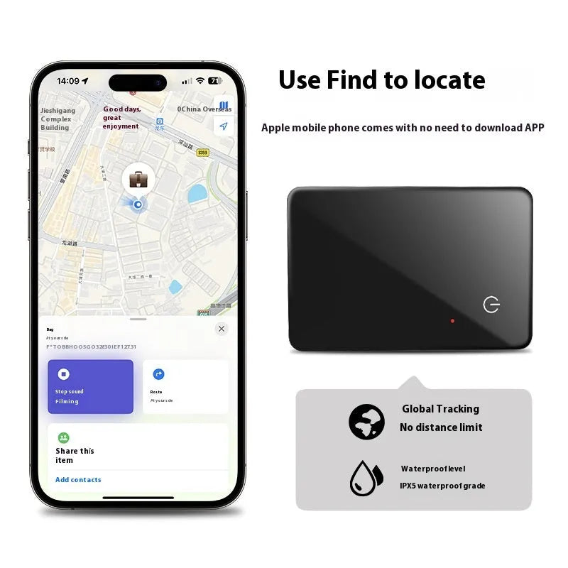 Black credit card-sized pet tracker with wireless charging and a hanging hole, shown next to a coin for scale.
