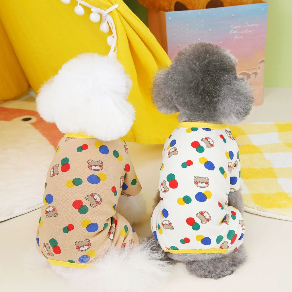 Beige dog jumper with colourful ball bear appliqué design for casual pet wear