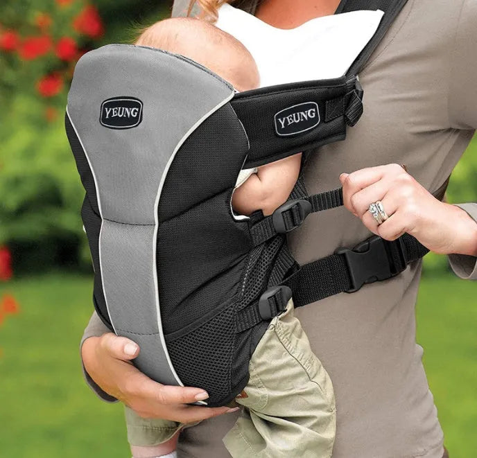 A double-shoulder baby carrier shown in red, blue, and grey, suitable for face-to-face infant carrying.