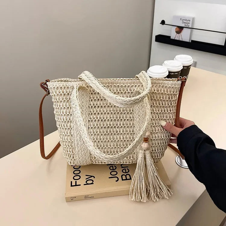 Women's woven straw crossbody bag in milky white or khaki with large capacity